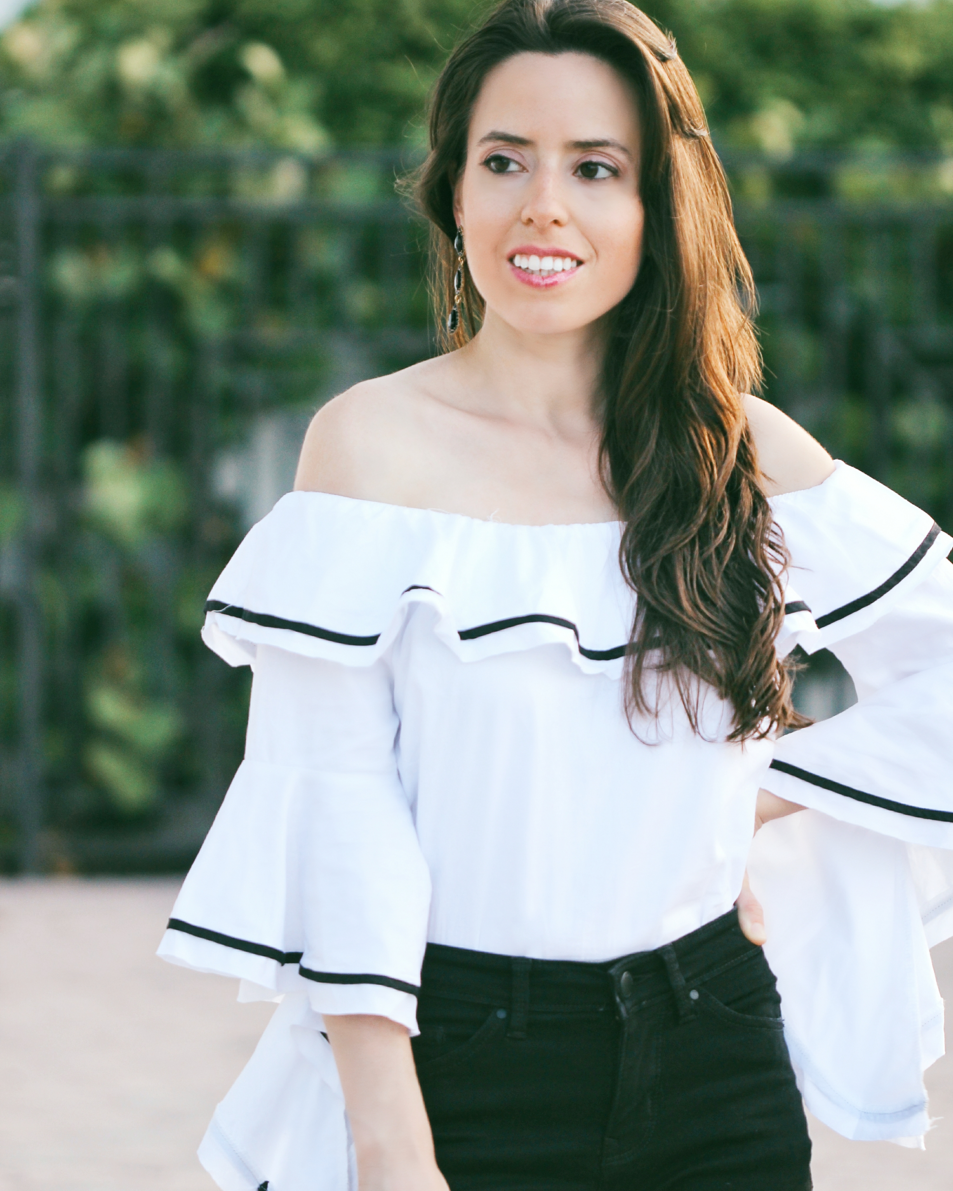 white ruffle off shoulder miami blogger