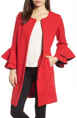 red coat flutted sleeve