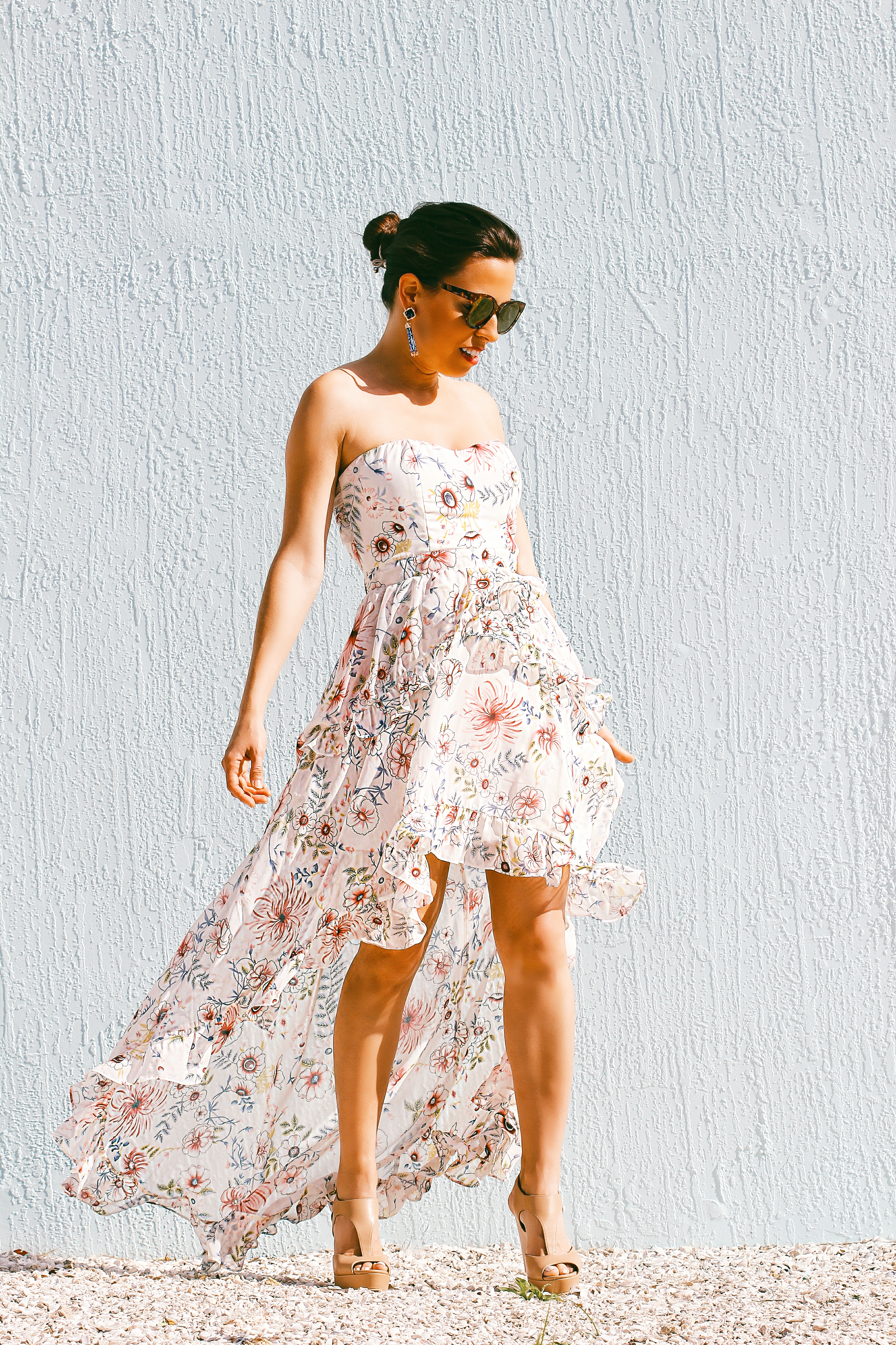 aqua floral strapless dress