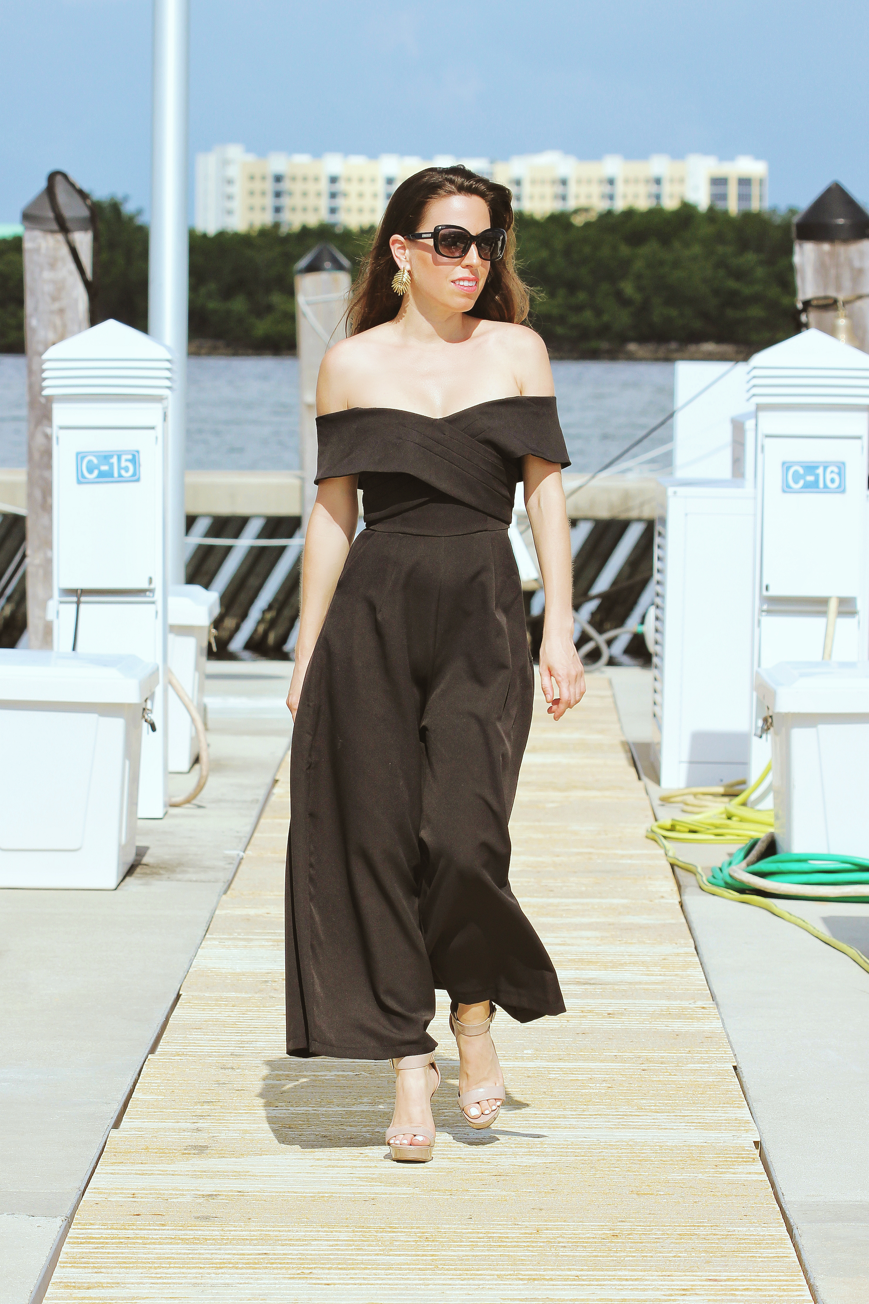 off the shoulder black jumpsuit