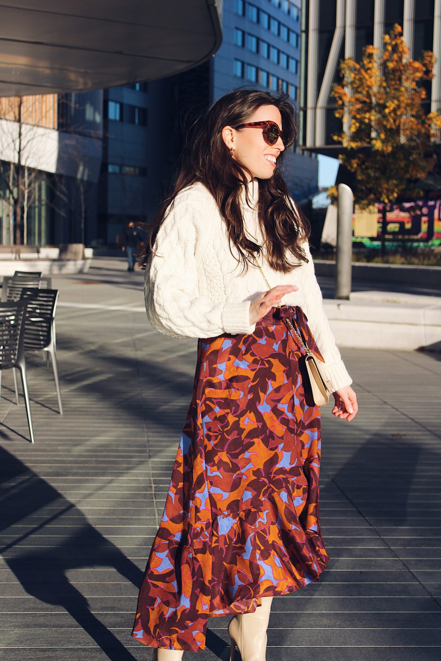 How to Wear a Floral Wrap Skirt and Cable Knit Sweater Outfit Idea -- Ana Florentina