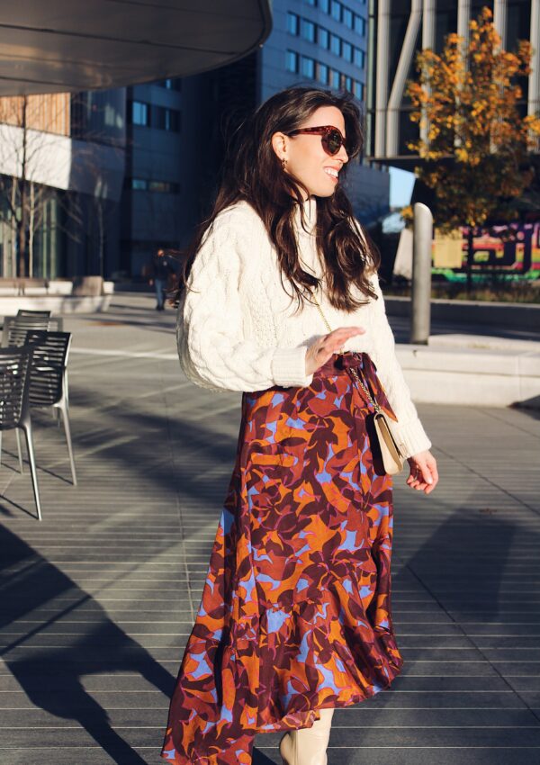 How to Wear a Floral Wrap Skirt and Cable Knit Sweater Outfit Idea -- Ana Florentina