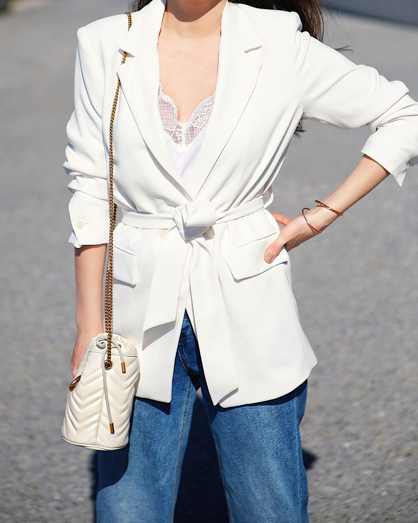 Ana Florencia wearing Mango white crepe blazer in NYC