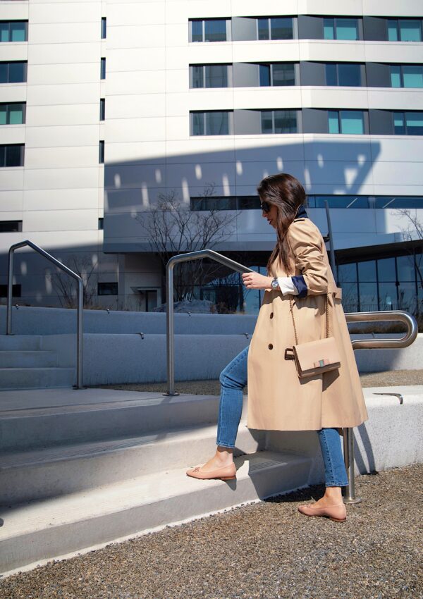 Florencia of Ana Florentina wearing JCrew classic trench coat in NYC