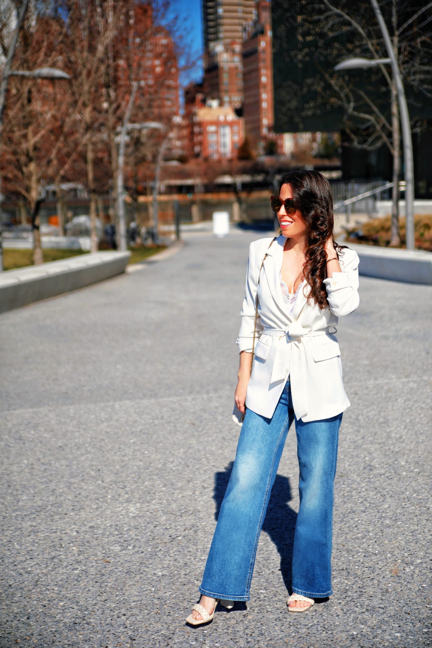 Mango-white-crepe-blazer-BlankNYC-jeans-outfit-gucci-mini-bag