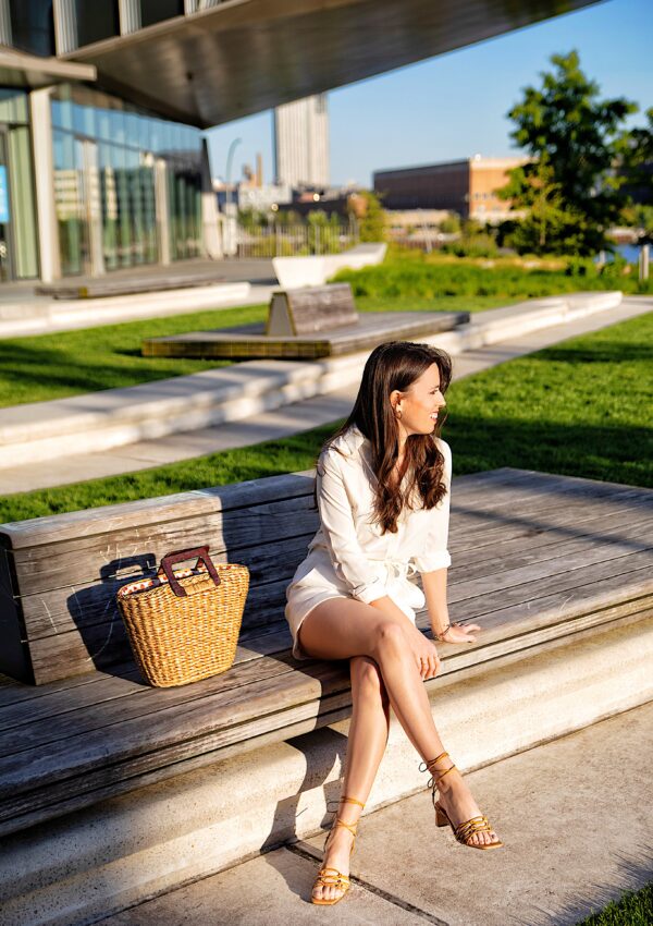 Ana Florentina wearing Ann Taylor lace up sandals and straw bag