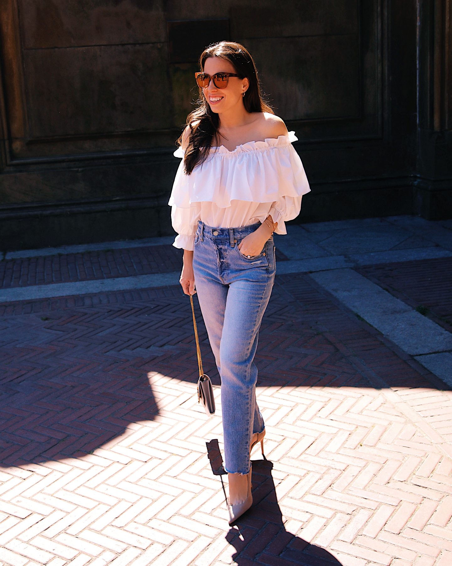 JING off the shoulder top GAP high rise jeans