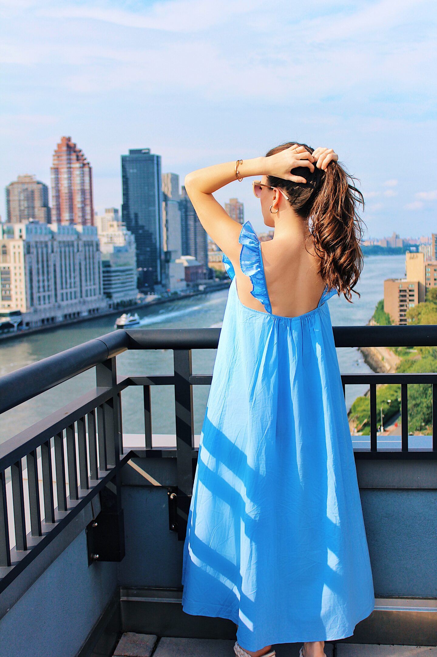 Ana Florentina wearing blue maxi dress