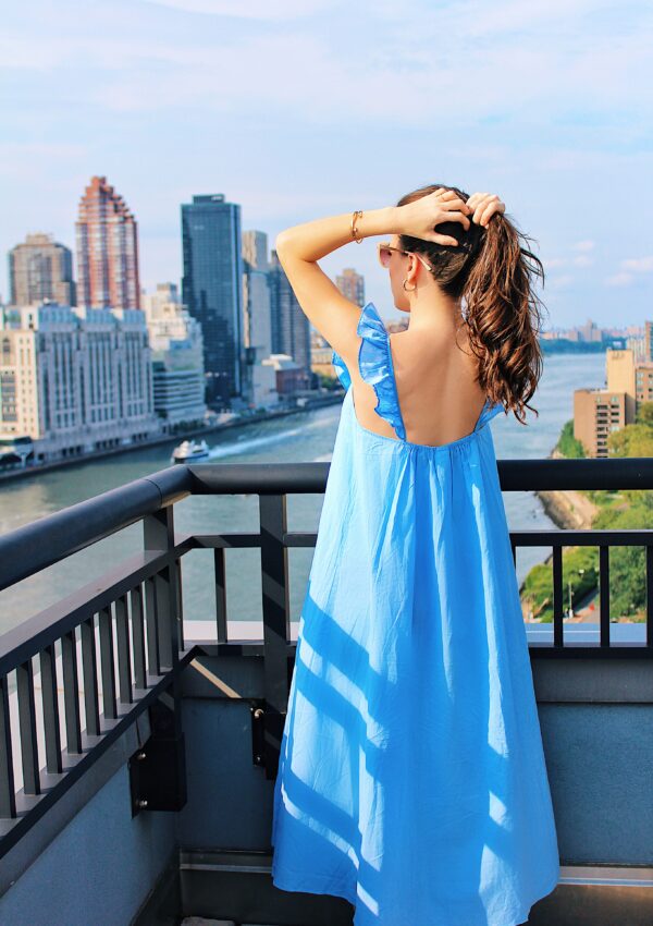 Ana Florentina wearing blue maxi dress