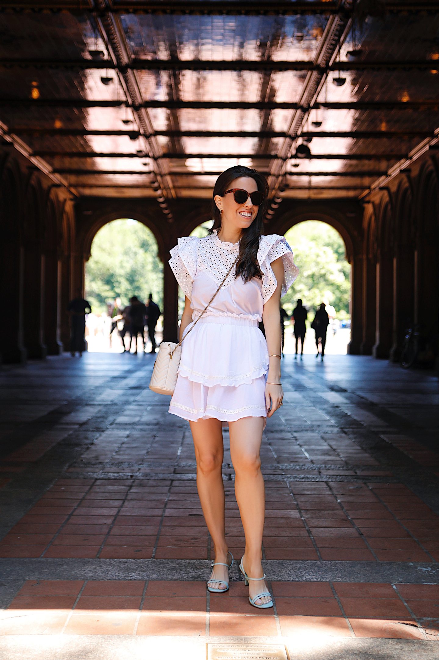 TARGET EYELET TOP and white mini skirt