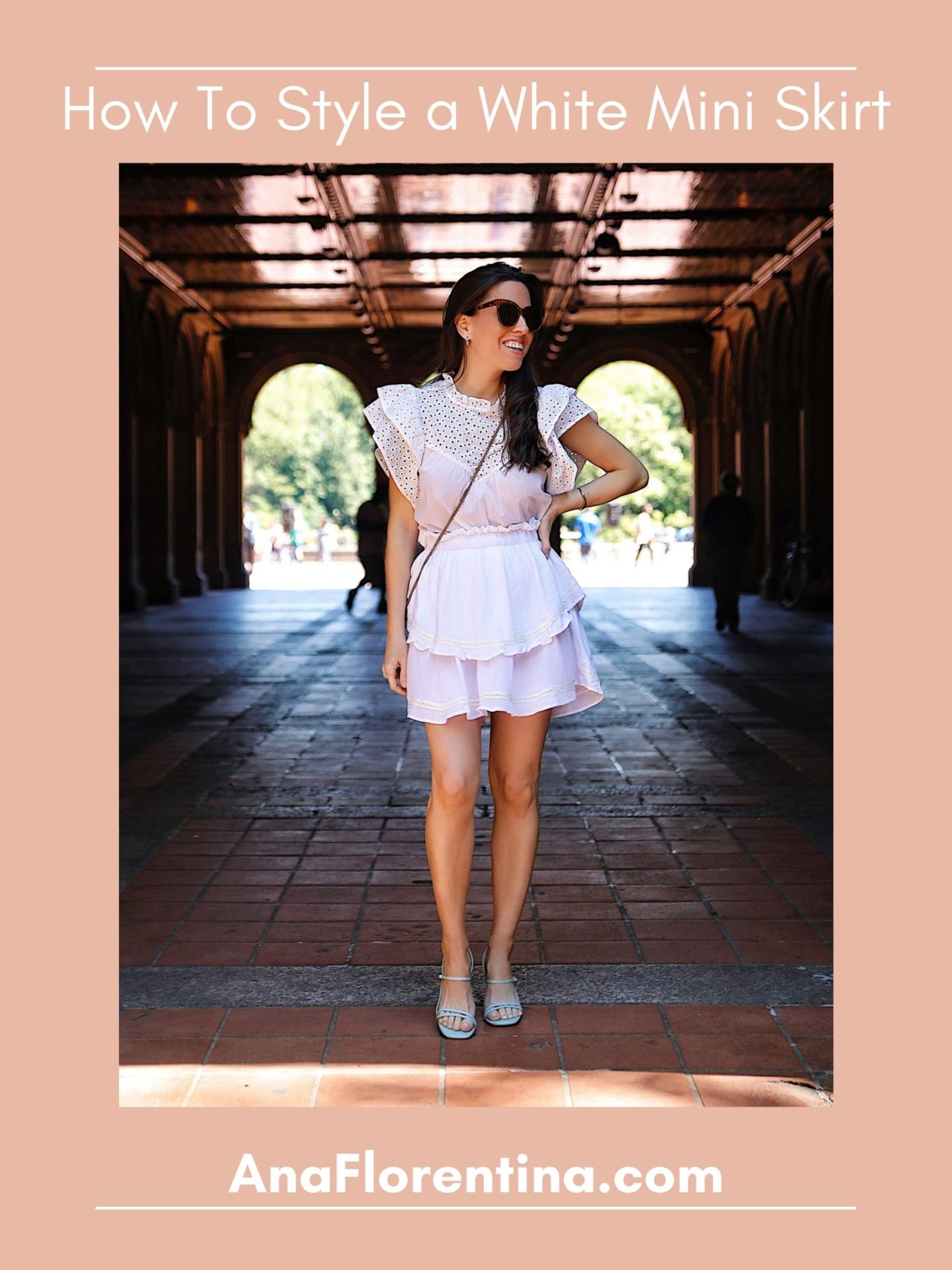 A casual eyelet top paired with a white mini skirt