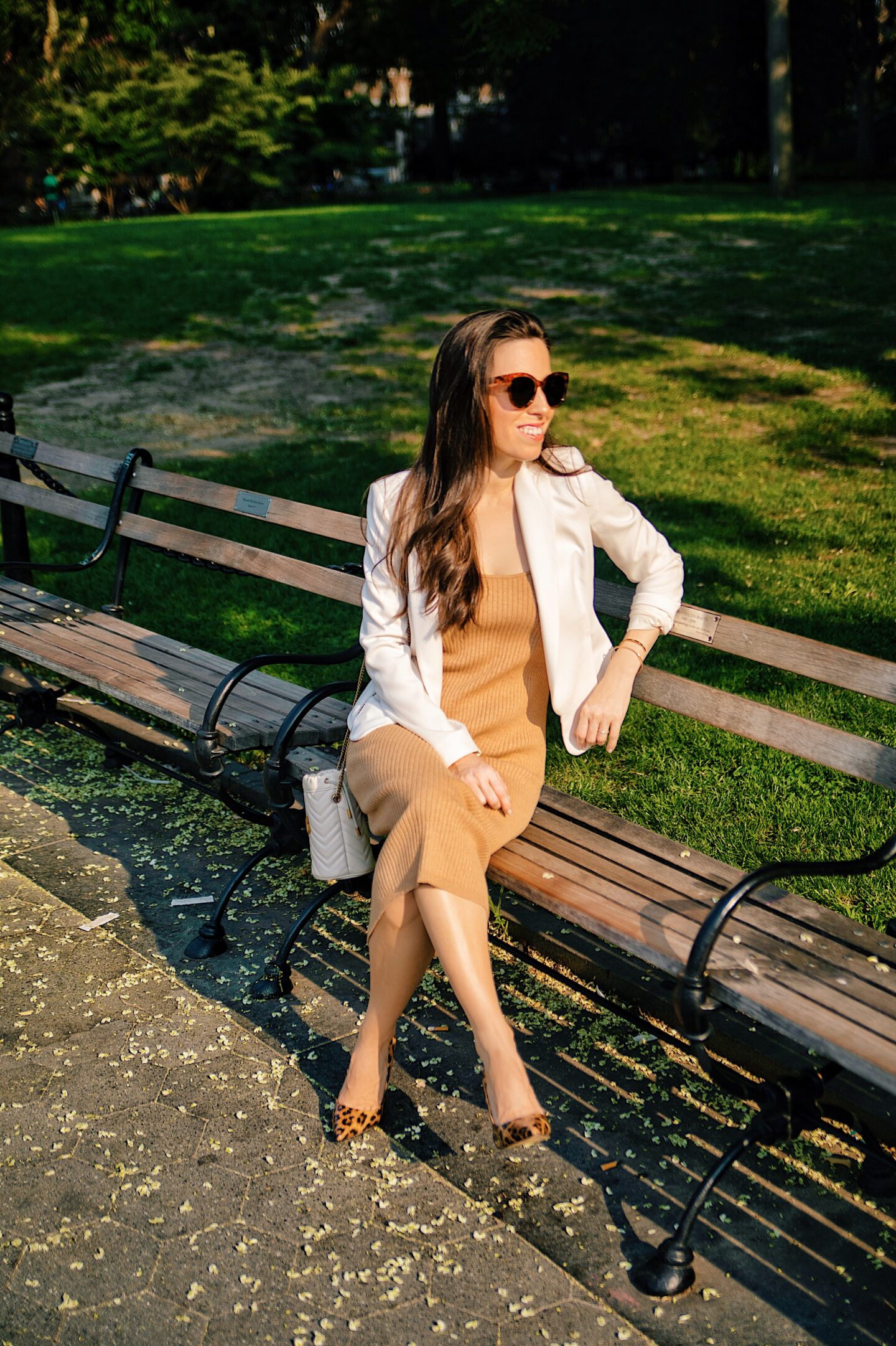 Ana Florentina wearing a Banana Republic sweater dress and white blazer