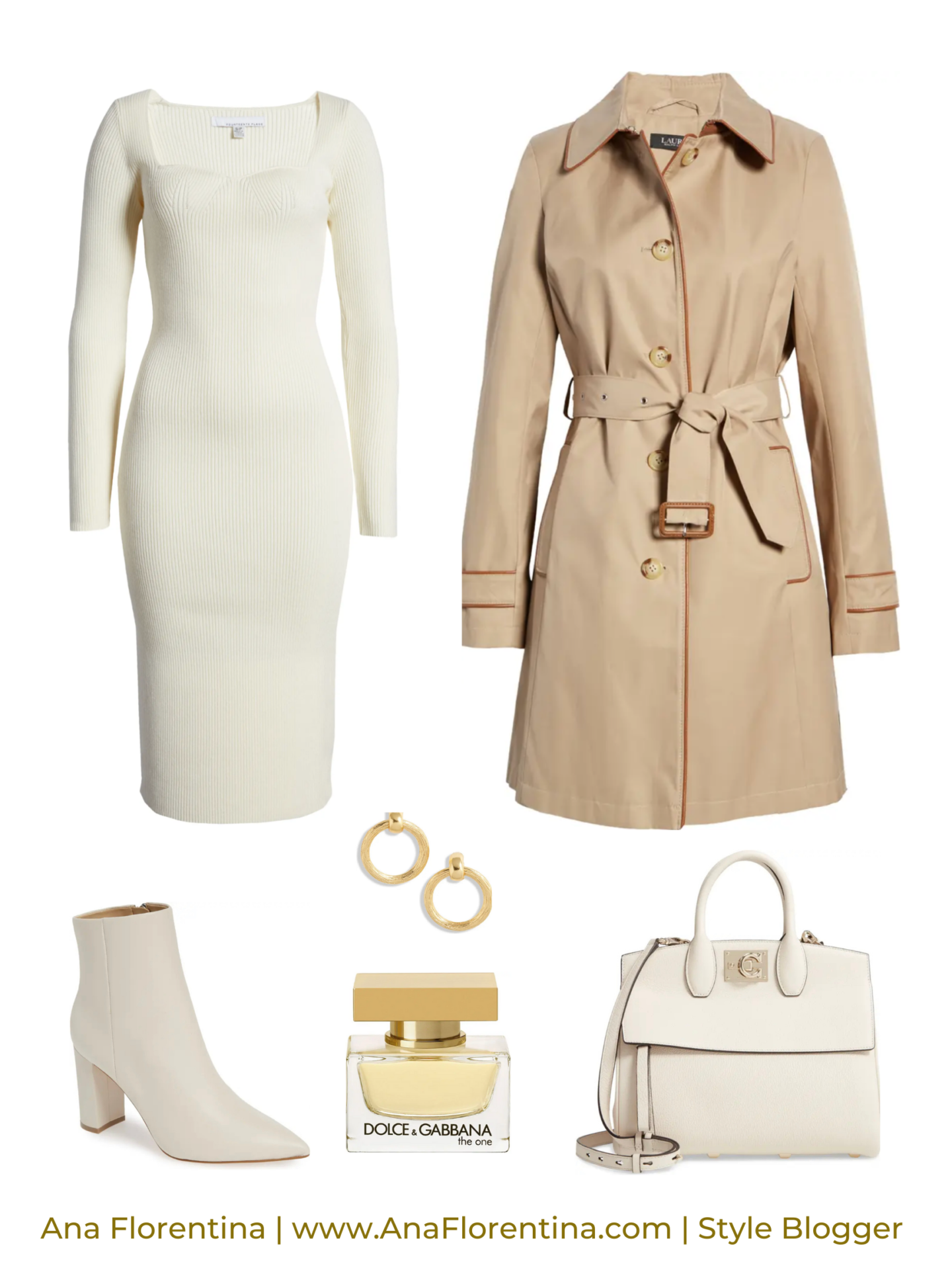 neutral sweater dress and trench coat outfit