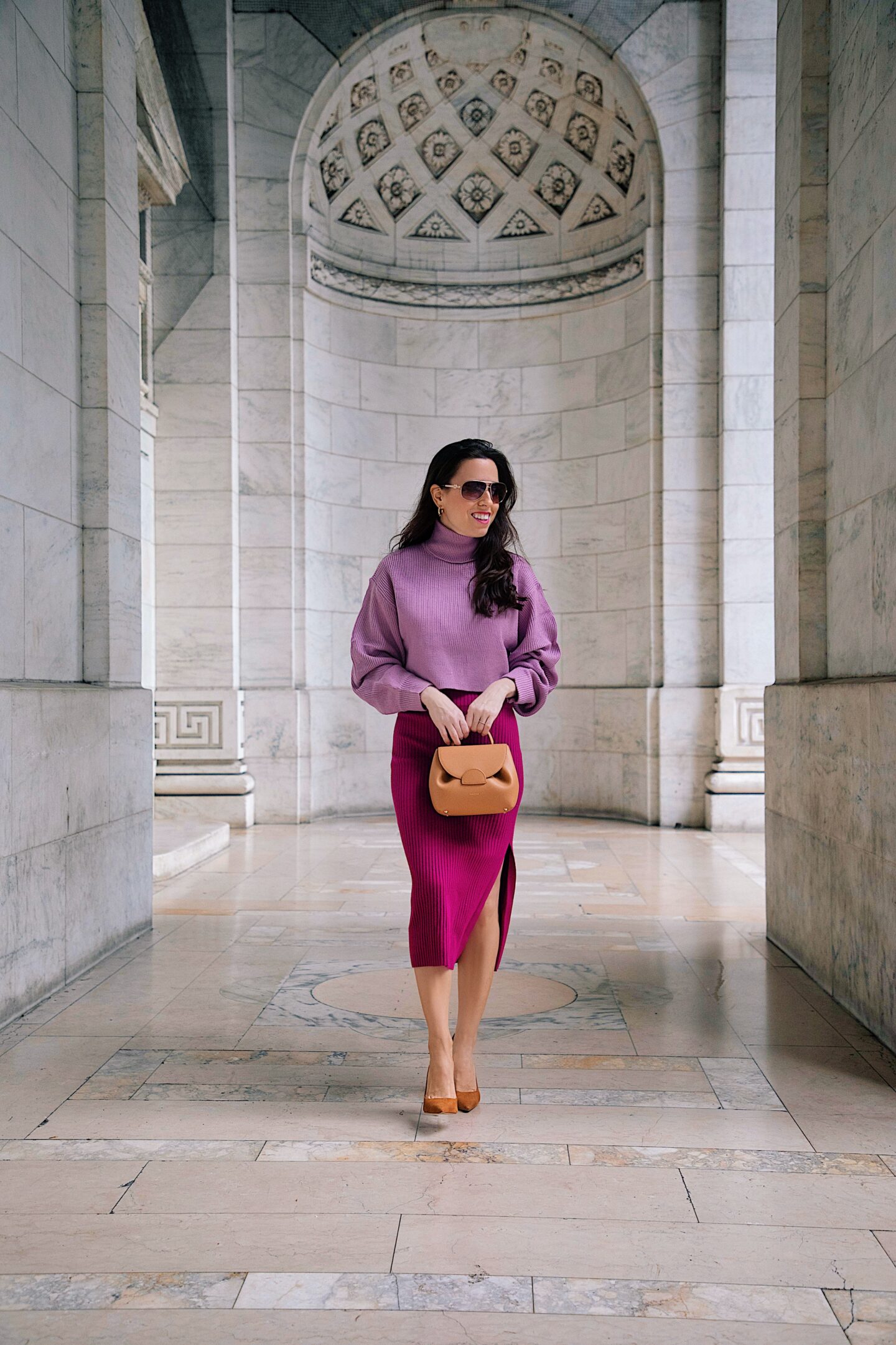 A monochromatic look in purple to wear this Fall, featuring a lilac sweater and a pencil skirt with a Polene number one nano bag. | Classic Style blogger in NYC