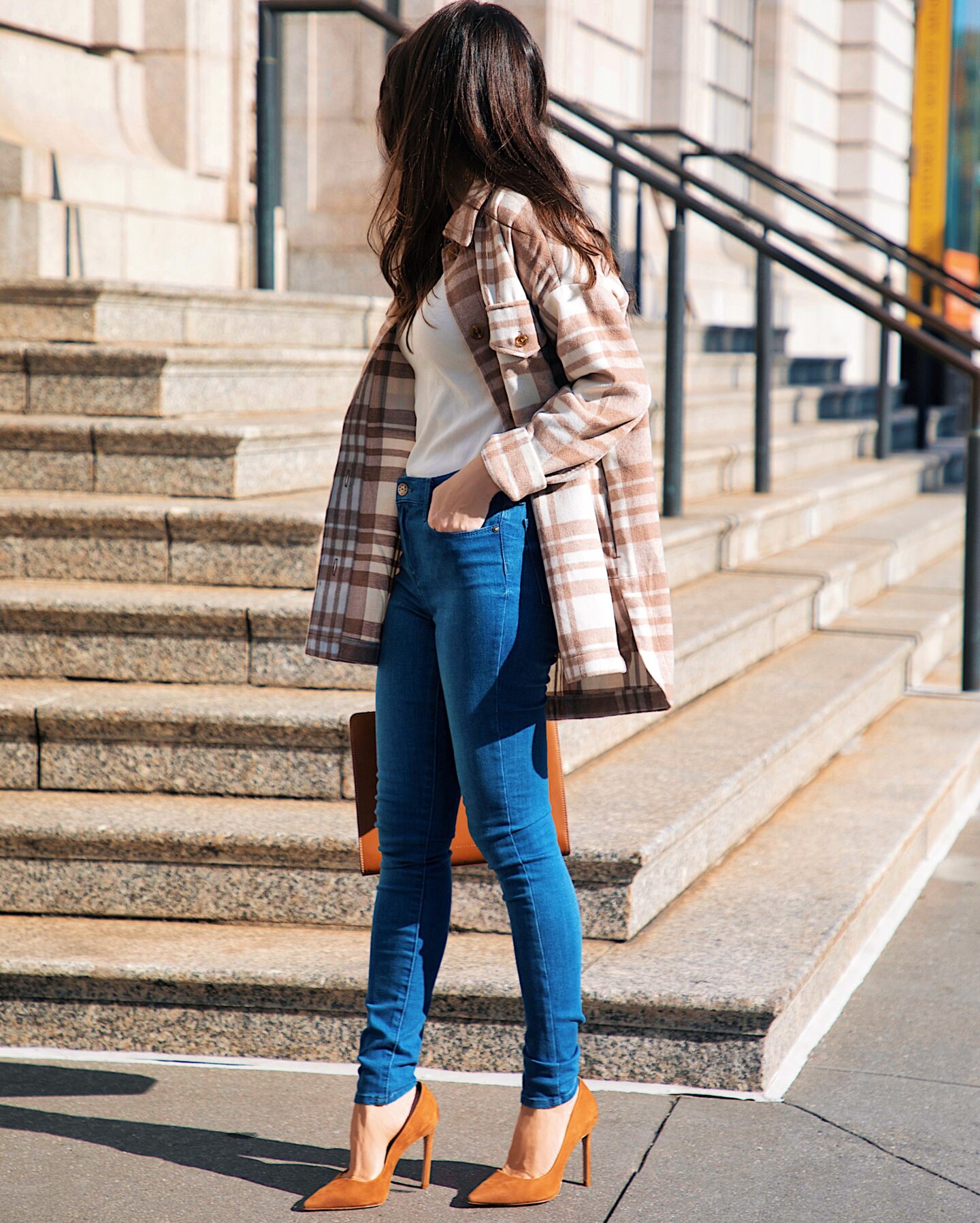 tan and white plaid shirt jacket