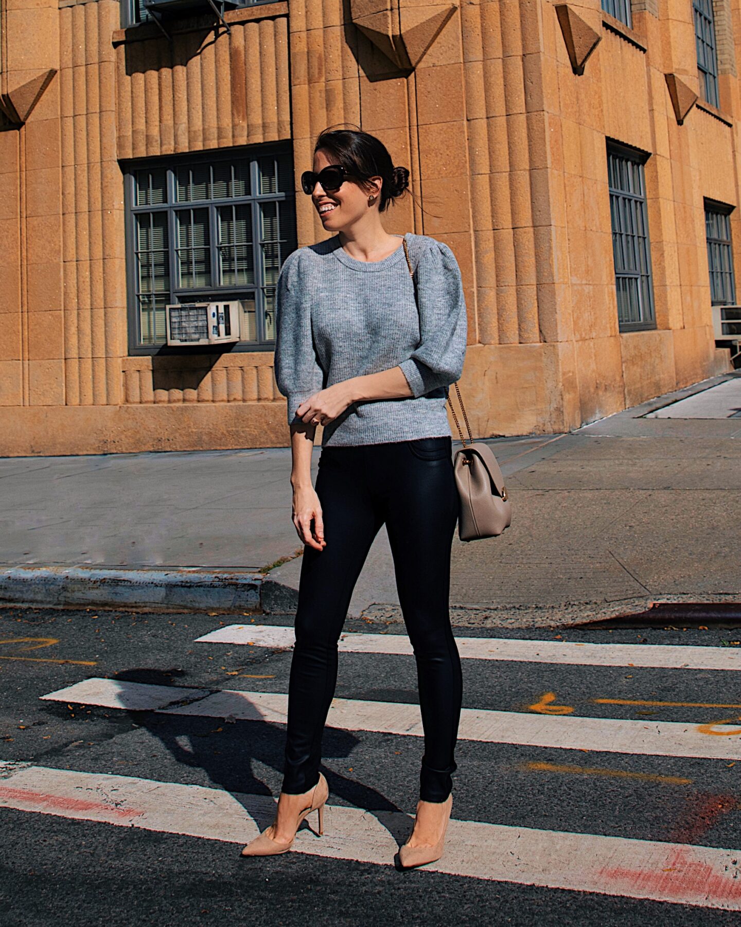 puff sleeve grey sweater outfit