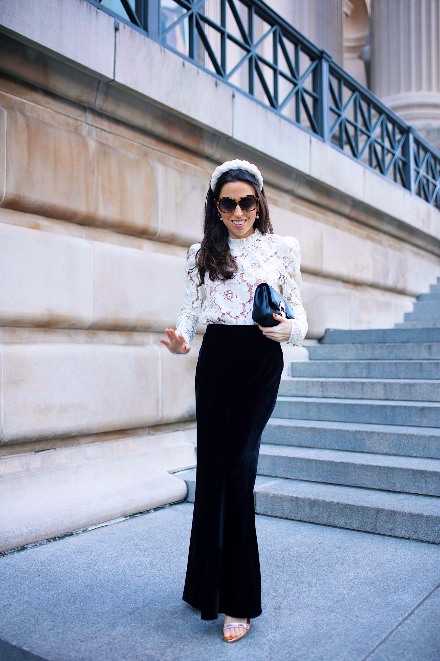 lace top and velvet pants