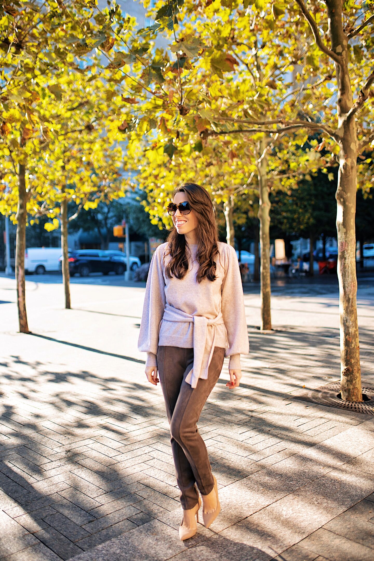 cashmere sweater and suede leggings