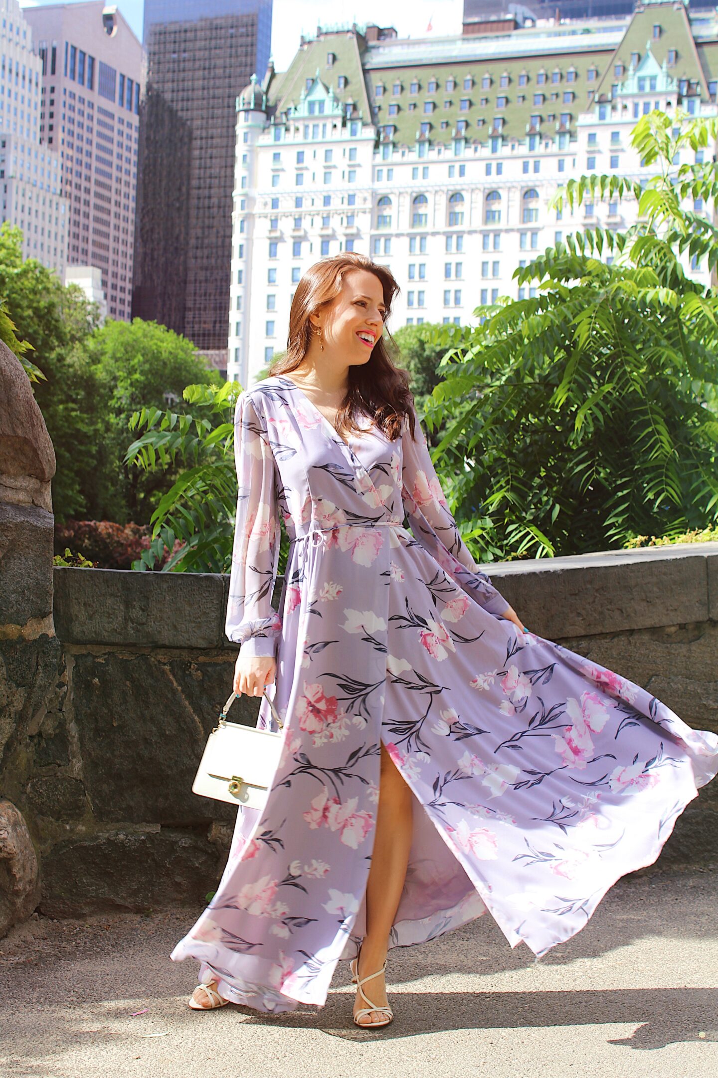 Ana Florentina wearing a Floral Maxi Wrap Dress in Central Park